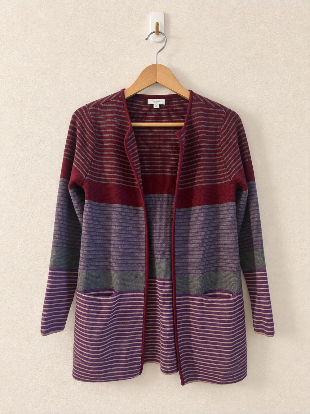 Talbots Longline Striped Open Front Cardigan Sweater Burgundy Multi M